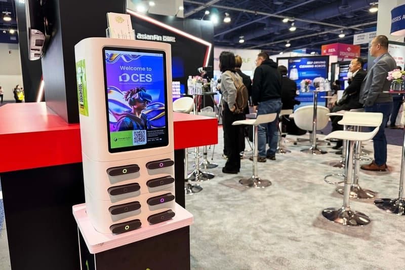 ChargerGoGo kiosk with custom CES branding at convention center